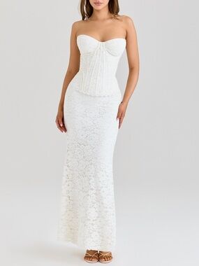 House of CB White Strapless Lace Corset Maxi Dress